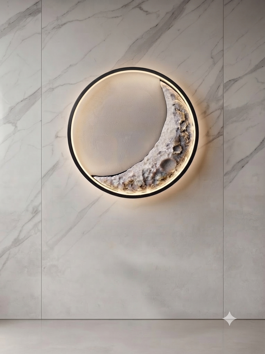 Modern Crescent Moon Wall Lamp – 3D Textured Decorative LED Light for Bedroom & Living Room