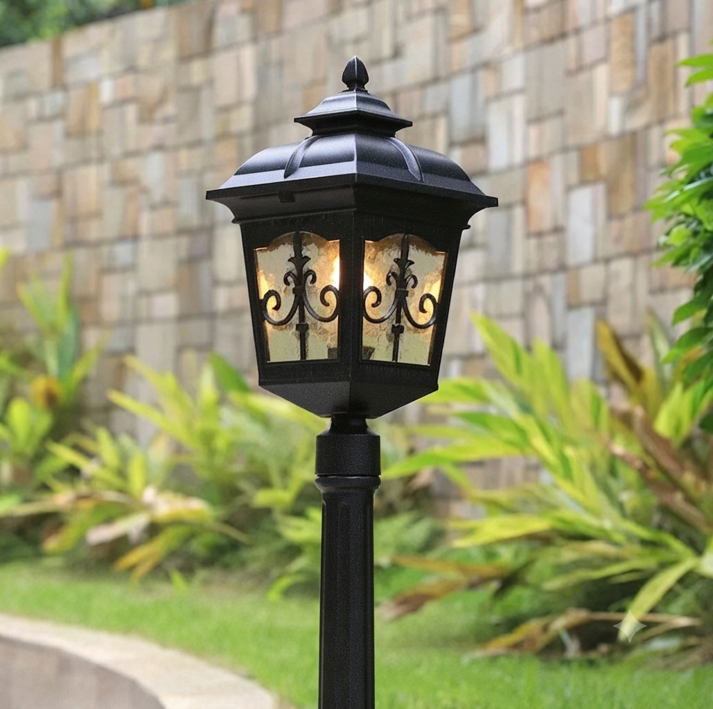 Vintage Black Ornate Outdoor Pillar Light