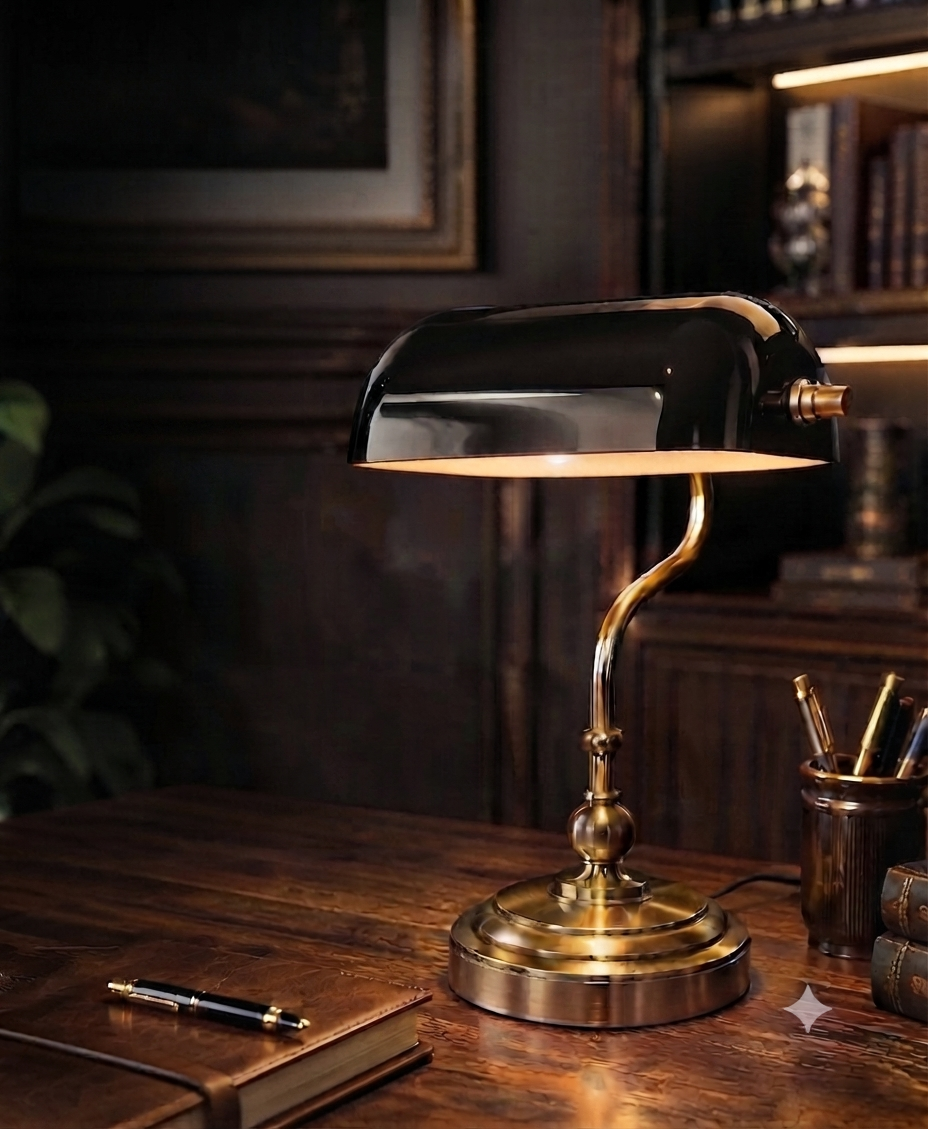 Premium Green Banker Table Lamp – Vintage Brass Finish Office & Study Desk Light