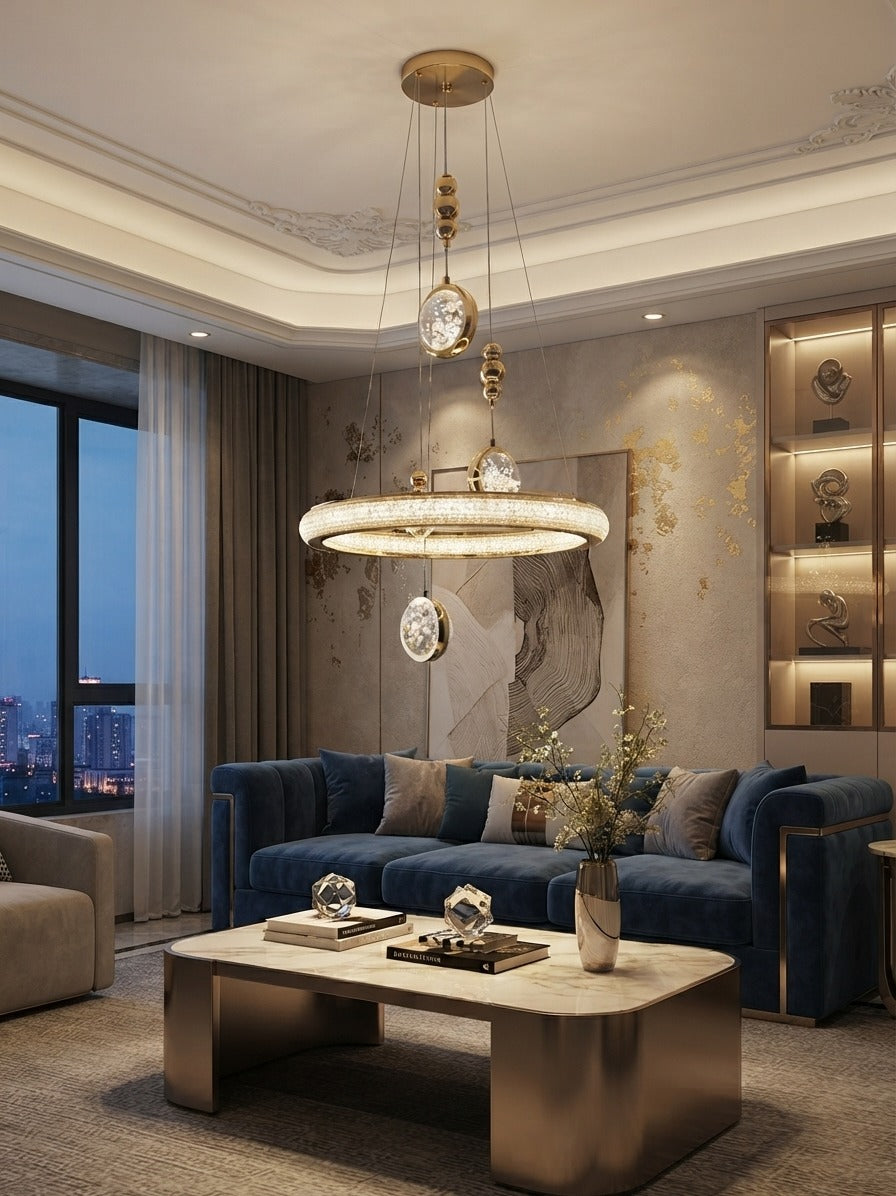 Modern Luxury Golden Crystal Ring Pendant Chandelier