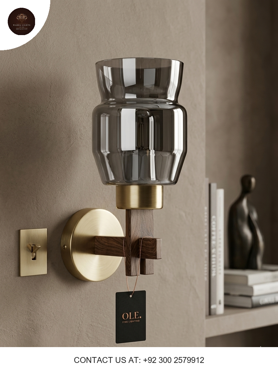 Aura Smokey Glass & Walnut Wood Wall Sconce