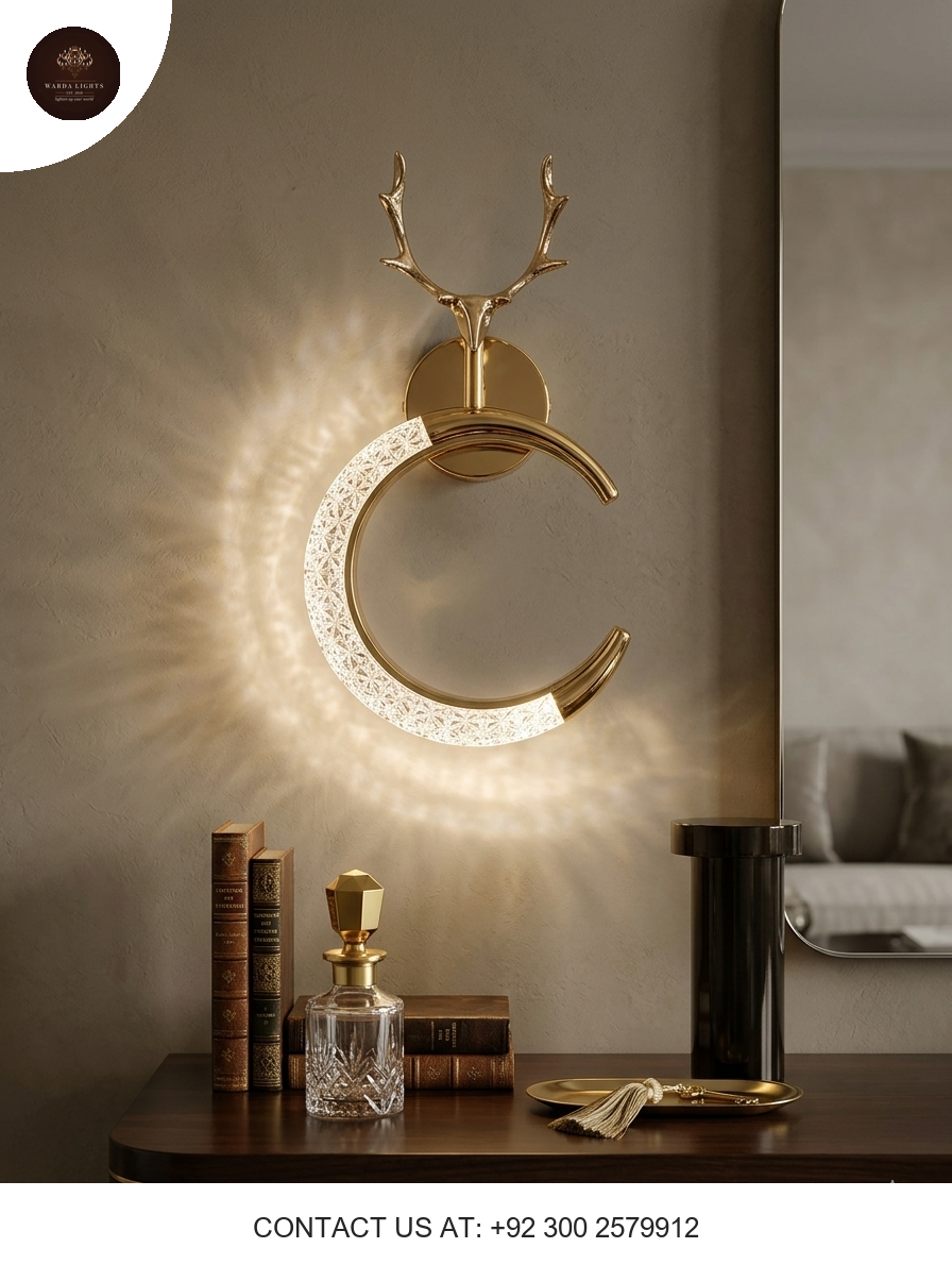 Aurelian Stag Luxury LED Wall Sconce – Crystal & Gold Moon Light