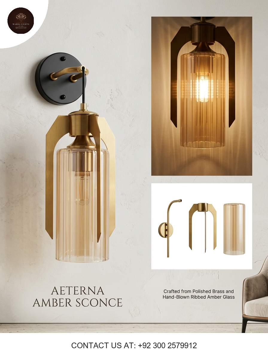 AETERNA Amber Sconce – Modern Geometric Brass & Hand-Blown Ribbed Glass Wall Light