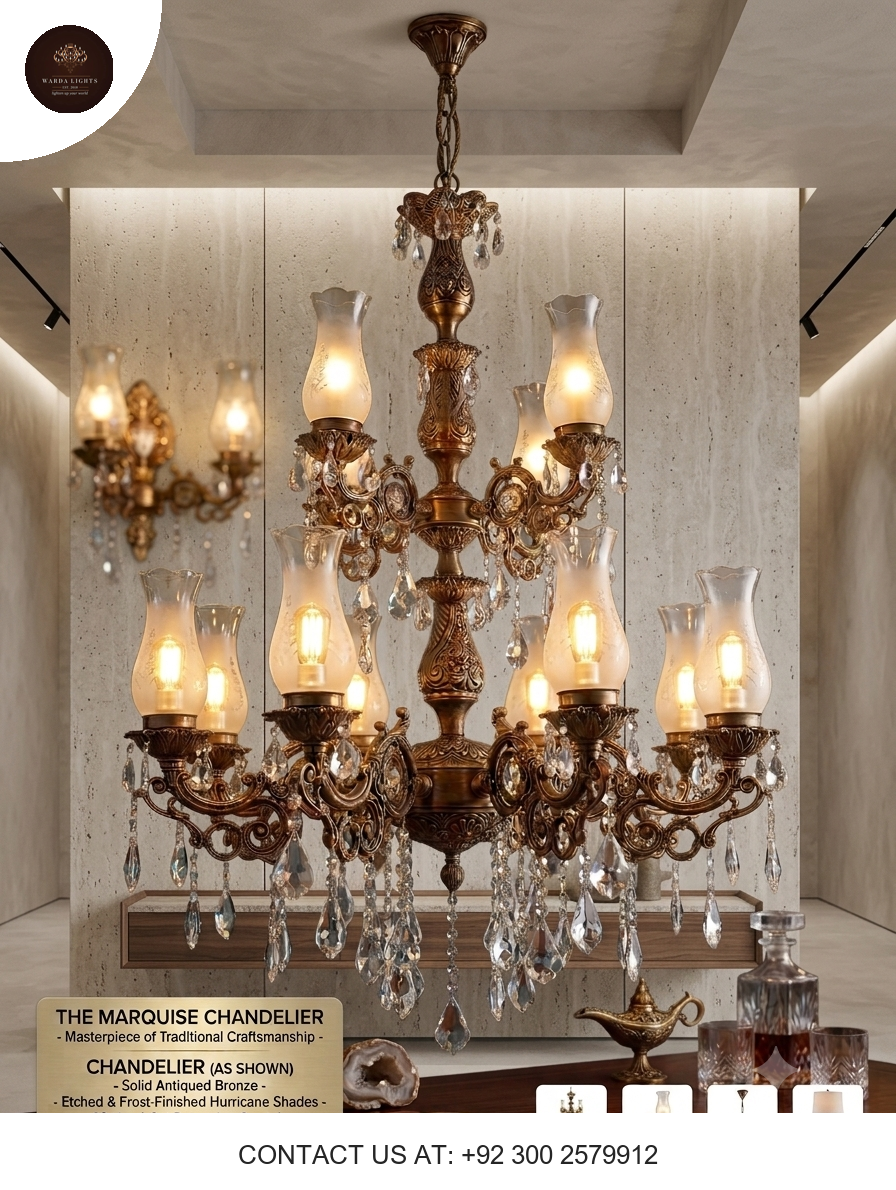 Marquise Traditional Bronze Crystal Chandelier – Luxury Hurricane Glass Pendant Light