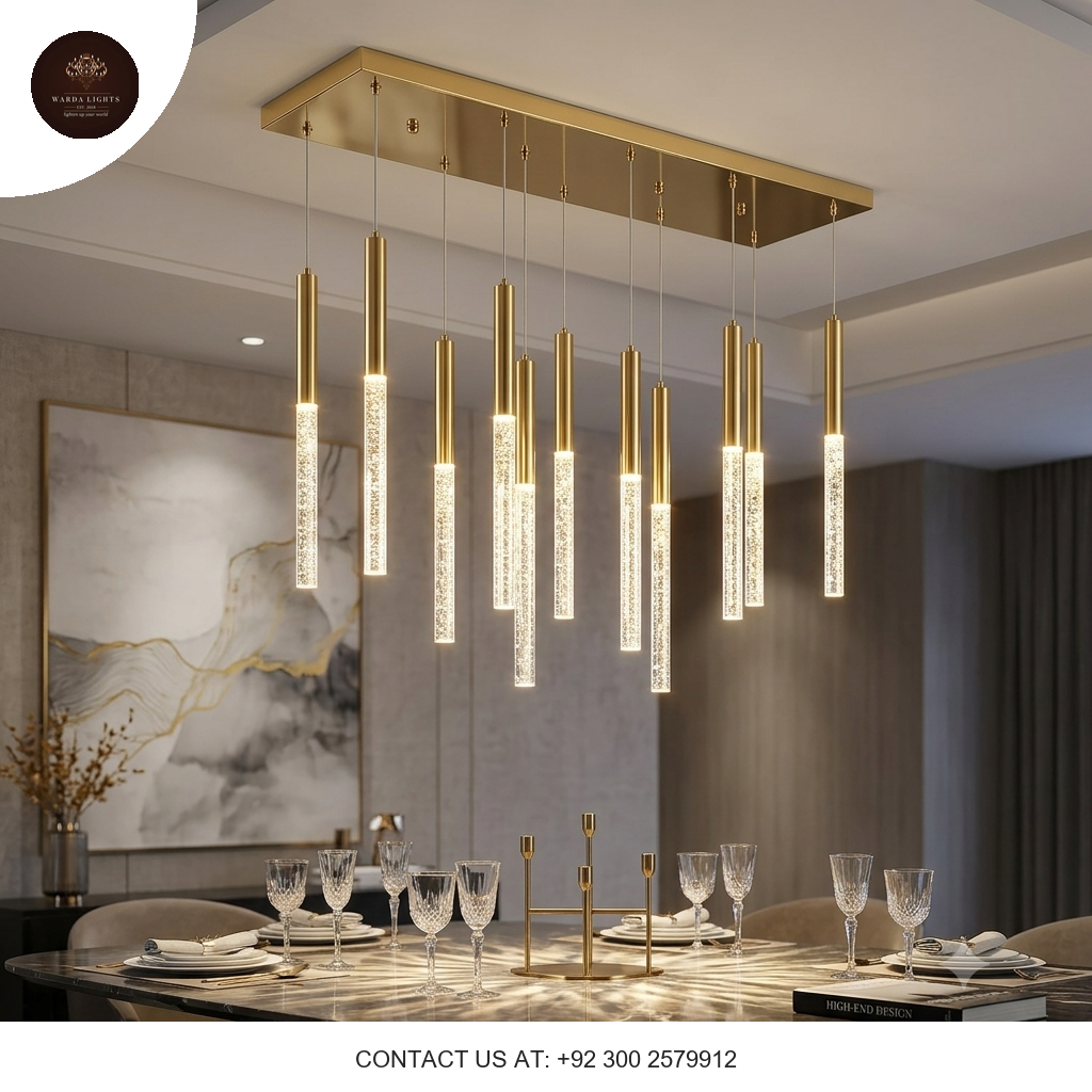Modern Gold Rectangular LED Chandelier – Luxury Crystal Bubble Pendant Light for Dining & Living Rooms