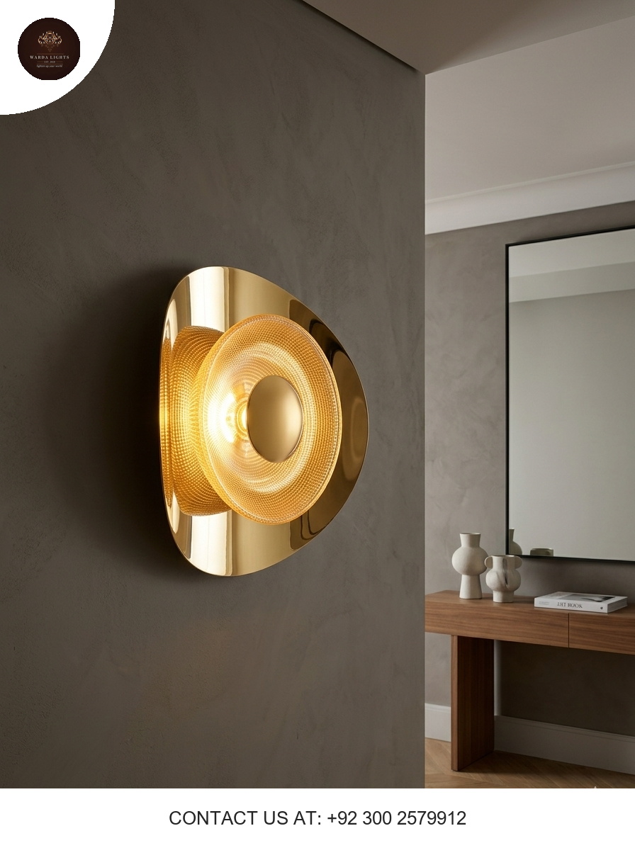 Solaris Polished Gold & Textured Glass Luxury Wall Sconce