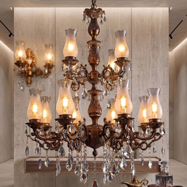 Marquise Traditional Bronze Crystal Chandelier – Luxury Hurricane Glass Pendant Light