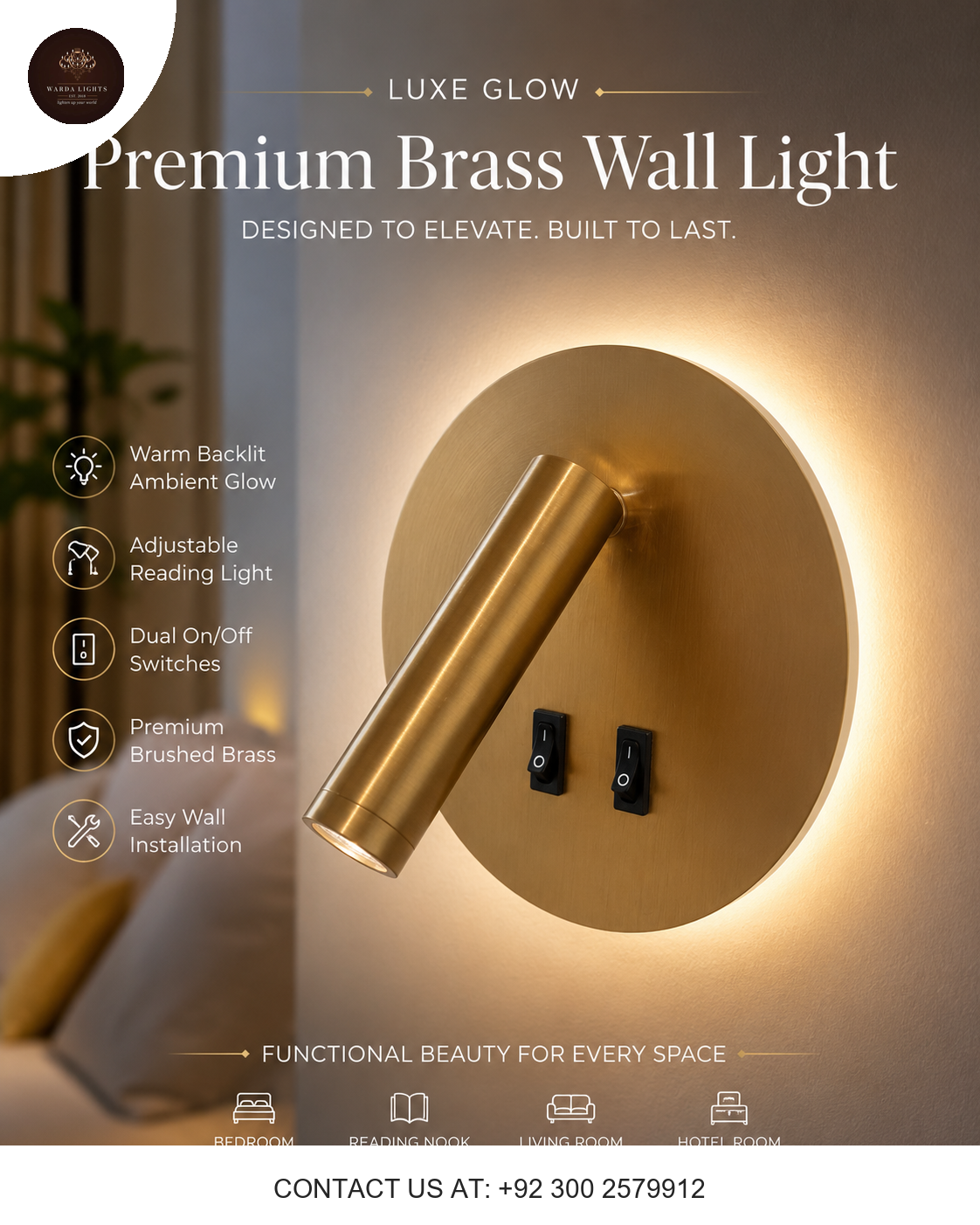 Aurora Luxe Dual-Switch LED Wall Reading Light - Brushed Brass