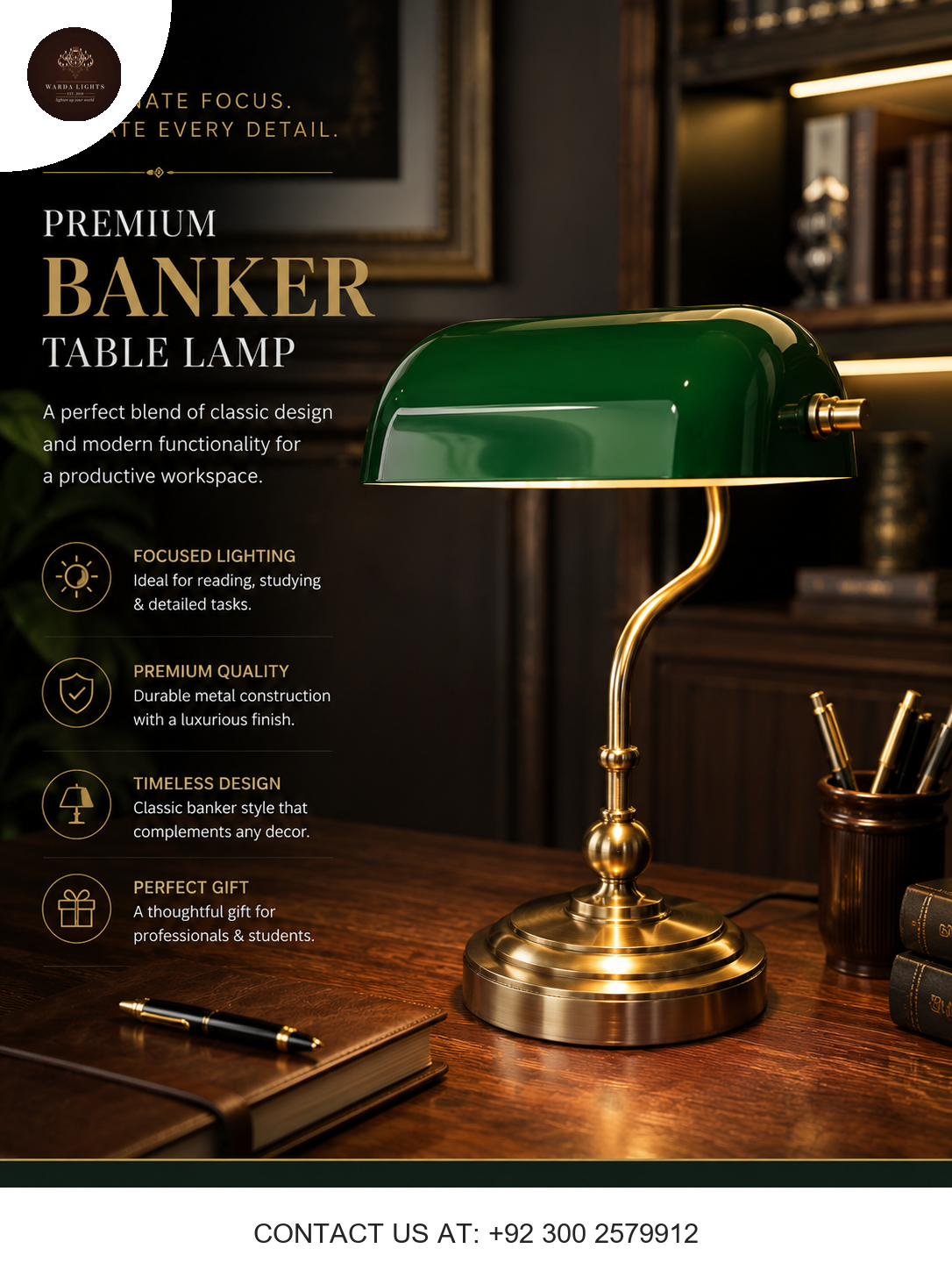 Premium Green Banker Table Lamp – Vintage Brass Finish Office & Study Desk Light