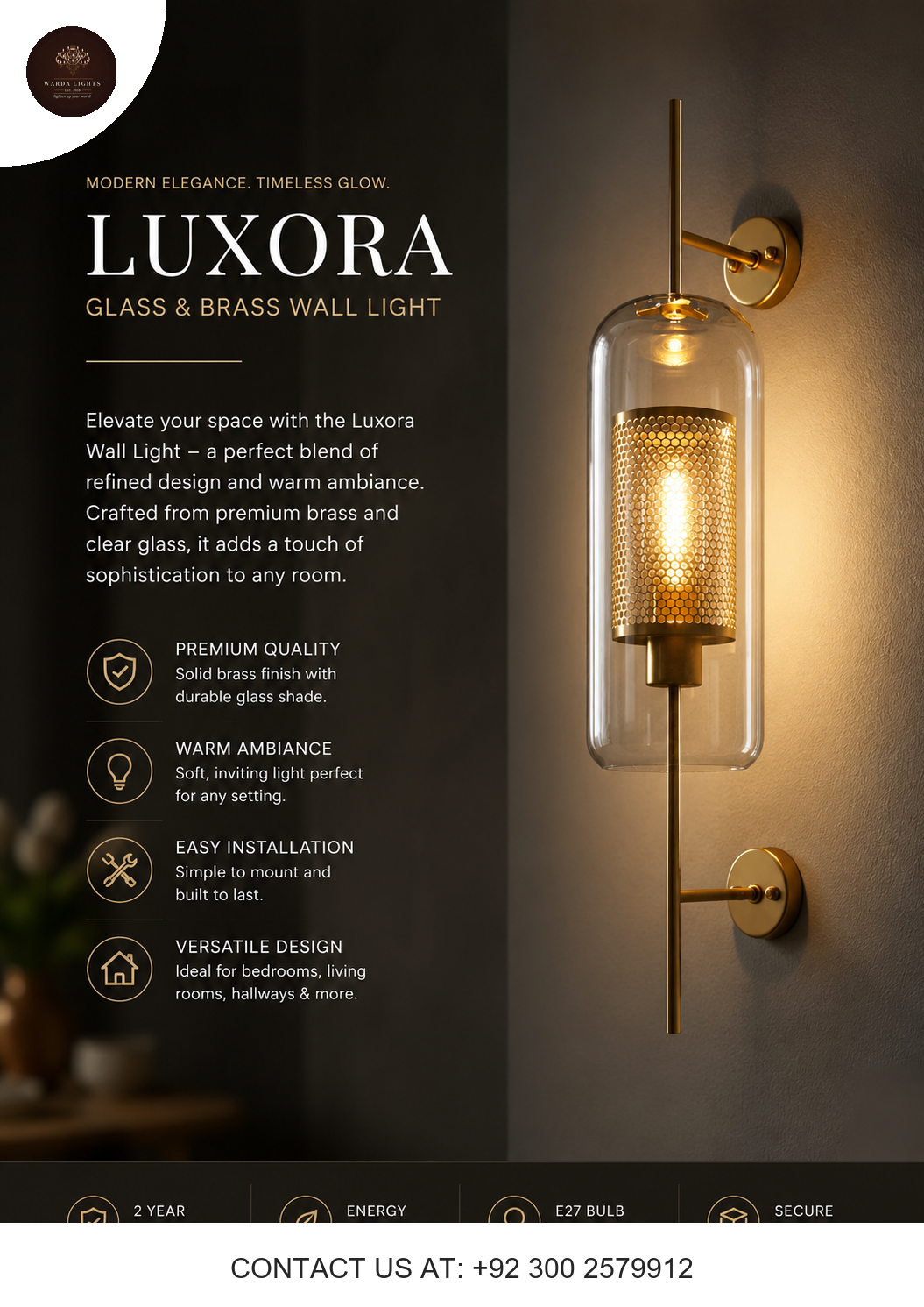 Luxora Modern Glass & Brass Wall Light